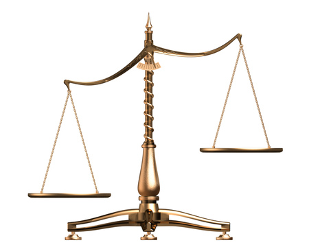 Royalty-free 3d law clipart graphic picture of brass scales of justice off balance, symbolizing injustice, over white.