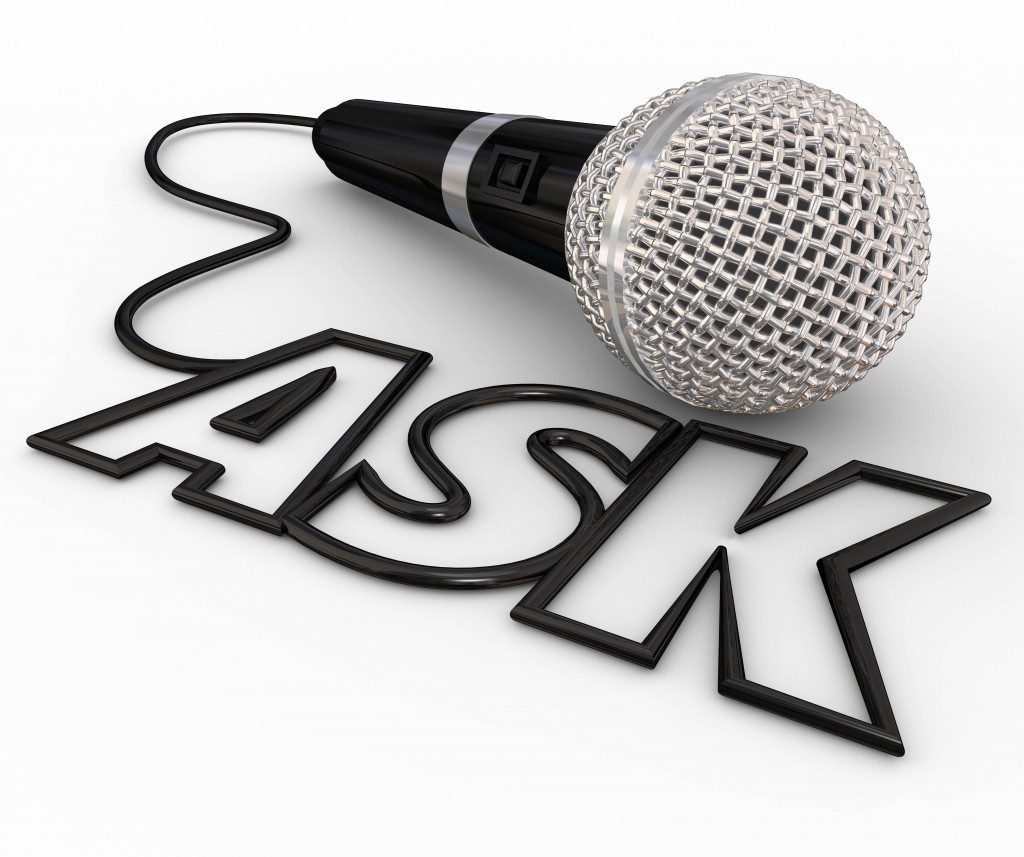 Ask word spelled out in letters formed by a microphone cord to illustrate questions and answers, interviews, reporting and a podcast or radio interview